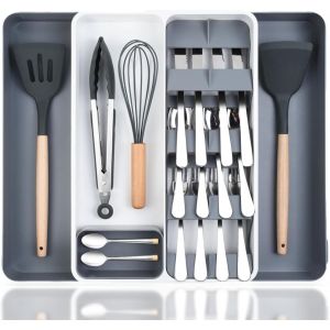 Chaas-Range Couverts Pour Tiroir, &Eacute;tendable 47cm Organisateur Tiroir Cuisine Avec Emplacement Couteaux Amovible Et Plateau De Rangement Couvert Pour Cuill&egrave;res Fourchettes - Neuf