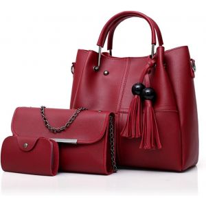 SJZG-Sac &Agrave; Main En Cuir Pour Femmes Et Sac &Agrave; Bandouli&egrave;re Avec Pompon Lot De 3 (Sac &Agrave; Main Port&eacute;s Main Et Sac &Agrave; Bandouli&egrave;re Et Porte-Cartes) Pour Travail, Loisirs - Neuf