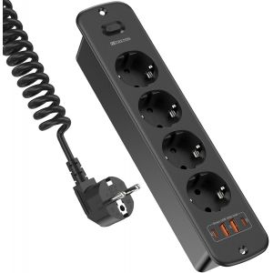 Prise escamotable avec USB, prise encastr&eacute;e 4 prises avec 2 USB, support de table encastr&eacute; avec 2 USB C, multiprise encastr&eacute;e avec c&acirc;ble spiral&eacute; de 2 m pour plan de travail, meubles, noir - Neuf