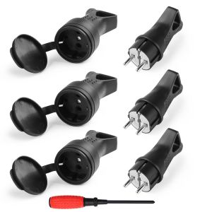 3 prises Schuko en caoutchouc, kit de fiches de s&eacute;curit&eacute; en caoutchouc avec protection anti-pli pour c&acirc;bles de 0.5-3cm&sup2;, IP44, 250V, 16A, 4000W - Neuf