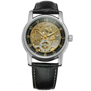 Montre-Bracelet Mecanique Automatique Forsining Pour Homme, Bracelet En Cuir Pu, Etanche (Noir Et Argent) - Neuf