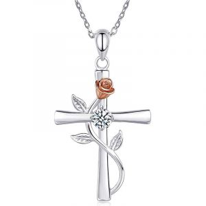 Collier Saint-Valentin Pour Femme Croix Rose Argent - Neuf