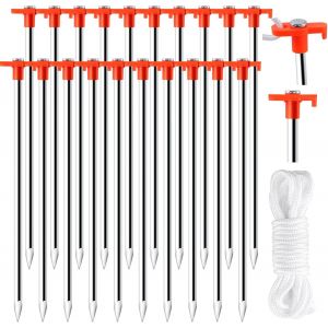Yemaesre-Lot De 20 Piquets De Tente En Acier - Piquets De Camping - Sardines Stables - 25,4 Cm - Piquets De Tente - Piquets De Sol Rocheux - Avec Cordes De 8 X 3 M - Neuf