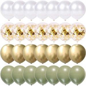SJZG-60Pcs 30Cm Ballons Vert Ballon Hélium Rétro Vert Olive Sauge Or Blanc Avec Confettis Métalliques Ballons Ruban Comme Anniversaire Mariage Baby Shower Baptême Décoration De Fête - Neuf