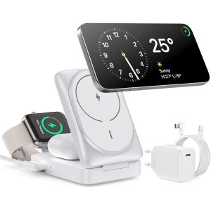 KALANKA-3 en 1 Chargeur sans Fil avec Mag-Safe, Station de Charge Certifi&eacute; Qi2, Pliable Chargeur Induction sans Fil pour iPhone 16 15 14 13 12, Apple Watch, AirPods Pro avec Adaptateur Rapide - Neuf