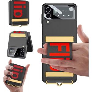 SJZG-Esong Coque Pour Samsung Galaxy Z Flip4 Avec Protection D'&Eacute;cran Arri&egrave;re/Support De Bracelet En Cuir,Dragonne De Luxe Ultra Fine L&eacute;g&egrave;re Rigide Pc Housse,Dragonne B&eacute;quille,Antichoc Bumper-Noir - Neuf