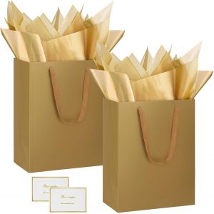 2 Pièces Sac Cadeau, 12.59"" Papier Emballage Cadeau Anniversaire, Vertical Pochette Cadeau Ggrand Format Enfant 32 * 25 * 13cm Avec 2 Cartes 2 Mouchoirs Pour Fête D'anniversaire, Mariage Or - Neuf