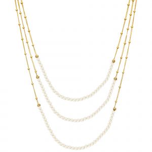 Collier Argent Dor&eacute; Trois Chaines Et Pierres Naturelles Pierre De Lune Blanche - Neuf