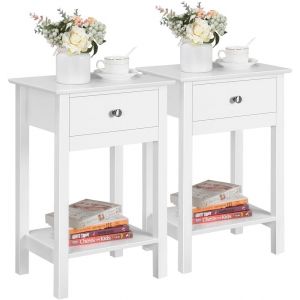 SUBZONAL-Lot de 2 Tables de Chevet Blanc Bois Table de Nuit Tables d'appoint avec Tiroir et &eacute;tag&egrave;re de Rangement pour Chambre Salon Bureau - Neuf