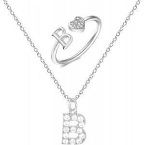 Kal-Collier Initiale Lettre A-Z Collier Avec Lettre En Zircons D'argent Pendentif Bague Ouverte Lettre Initiale Bague Argent Femme Initiaux De Coeur Pour Femme Fille - Neuf