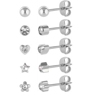 Kal-Lot De 5 Paires De Boucles D'oreilles G23 En Titane Pour Oreilles Sensibles, Coeur, &Eacute;toile, Fleur, Zircone Cubique Pour Piercing D'oreille - Neuf