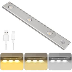 Lampe De Placard Avec Détecteur De Mouvement, 3 Couleurs Lampe Led Rechargeable Usb, Led Lumière D'armoire Dimmable, Led Veilleuse, Éclairage Sans Fil Pour Cuisine, Escalier, Couloir - 30cm - Neuf