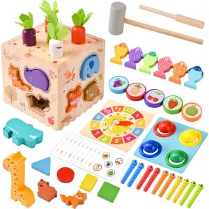 TDRFL-Jouets Montessori 1 2 3 4 Ans,Jeux Montessori Jouets En Bois,8 In 1 Jeux Montessori Cubes Activité Jouet Éducatif Enfant Avec Récolte De Carottes,Jeu De Pêche Magnétique,Etc - Neuf