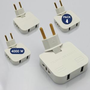 Pack 4 Prises Plates avec USB 4000W - Grande Puissance - 4 Prises + 2 Ports de Charge + Prise USB et 2 Prises Adaptables - Prise Murale Ideale Espace Reduit - Tete 180&deg; - Couleur Blanc | 3-Stars - Neuf