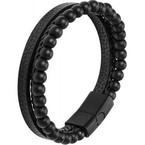 Eryi-Bracelet Cuir Homme, Bracelet Cuir Perles, Bracelet Triple En Cuir Avec Des Perles En Pierre Naturelle, Bracelet En Cuir Noir Marron Cuir Pour Homme, Bracelets Cadeau Homme - Neuf