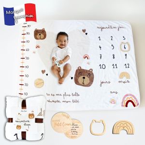 Ulteronixshop-Couverture &Eacute;tape B&eacute;b&eacute; - Tapis Mois Bebe En Fran&ccedil;ais - Tapis Photo Bebe Mois - Cadeau Naissance Fille Gar&ccedil;on - Baby Shower - Future Maman - Toise Imprim&eacute;e Accessoires Inclus (Mod&egrave;le Ours - Neuf