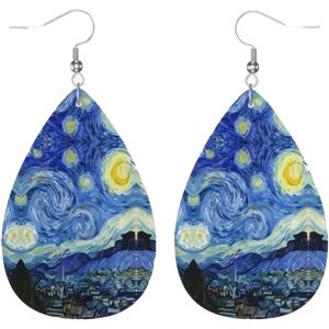Kal-Boucles D'oreilles Fantaisie En Acier Et Acrylique, Forme Goutte, Motif Van Gogh (Du Tableau La Nuit Etoilée), 55 X 37 Mm, Attache Crochet, Bijou Femme - Neuf