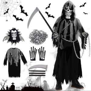 Bnhgc-Deguisement Halloween Enfant, Déguisement Squelette Pour Garcon Et Fille, Déguisement De Faucheuse Avec Faucille + Masque De Crâne + Gants + Chaine, Cape A Capuche Noire, Vêtements Effrayant Fê - Neuf