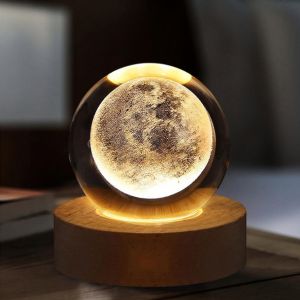 Ruida Veilleuse Boule De Cristal 3d,Boule De Cristal De La Galaxie Spatiale,Lampe De Nuit Boule De Verre Avec Base En Bois,Veilleuse Led De La Galaxie,Boule Cristals Syst&egrave;me Solaire - Neuf