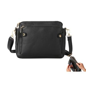 Sac bandouli&egrave;re en cuir PU trois couches avec bandouli&egrave;re r&eacute;glable - Noir - Neuf