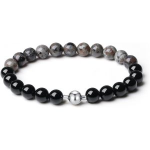 Kal-Bracelet Original Fait Main 8mm Pierre Naturelle Onyx Perles Hommes Extensible Noir Cristaux De Gu&eacute;rison 18k Platine Sph&egrave;re - Neuf
