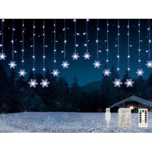 Jgd-Rideau Lumineux En Forme De Flocons De Neige - 2 X 1 M - Avec Batterie Et Usb - &Eacute;clairage De No&euml;l - Avec Minuterie - Blanc Froid - Avec T&eacute;l&eacute;commande - Pour Chambre D'enfant, Balcon - Neuf