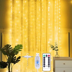 TRAHOO-Rideau Lumineux 2x2m LED Guirlande Lumineuse Rideau 200LEDs USB Lumi&egrave;re Interieur, 8 Modes, T&eacute;l&eacute;commande Minuterie, Decoration de No&euml;l,Fen&ecirc;tre,Mariage,Chambre (Etanche IP65, Blanc Chaud) - Neuf