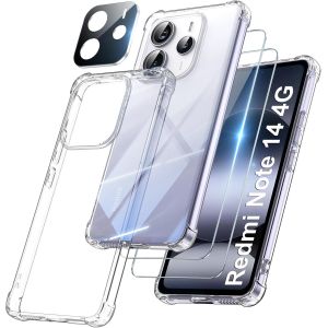 Kal-4 En 1 Coque Pour Xiaomi Redmi Note 14 4g (Pas Pour 5g) Avec 2 Verre Trempé Et 1 Caméra Protecteur, [Coussin D'air Intégré] Antichoc Antirayures Bumper Protection Housse, Transparent - Neuf