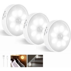 Veilleuse Led Automatique Rechargeable Par Usb,Lumiere Detecteur De Mouvement Interieur Sans Fil,Blanc Chaud/Blanc Froid,Lampe Adh&eacute;sive Led Pour Escalier,Cuisine,Couloir,Lot De 3 - Neuf