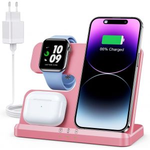 JGD-Chargeur Induction 3 en 1 pour iPhone 17 Pro Max 16 15 14 13/Samsung, Station de Charge pour Apple Watch Ultra 3/11/10/9/Ultra 2/SE/8/7/6/5/4, Base Chargeur pour Air Pods Pro 3 2 1/4/3/2(Rose) - Neuf