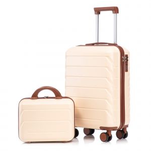 Ensemble de Valises Rigides 2 Pi&egrave;ces (19" Cabine + 14" Vanity Case) en ABS avec Serrure &agrave; Combinaison et 4 Roulettes 360&deg; - Beige - Neuf