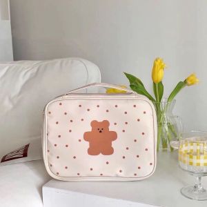 HJLIAN Trousse de toilette en toile avec fermeture eclair pour filles et etudiantes, motif ours beige a pois - Neuf