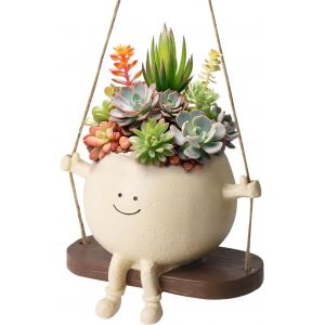 Lbgwp60-Pot De Fleurs Balançoire,Jardinière À Suspendre Intérieur Extérieur,Pot De Fleurs En Résine Avec Vi Sourire Et Balançoire,Vase Vi ,Pour L'extérieur Et L'intérieur,Décoration De Jardin - Neuf