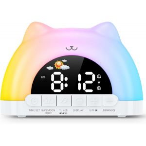 Reveil Enfant Educatif Jour Nuit, Reveil Lumineux Avec Veilleuse 11 Couleurs Rgb, Snooze, 2 Alarme, Réveil Numérique Pour Enfants Avec Lune Et Soleil, Entraîneur De Sommeil Fille Garçon - Neuf