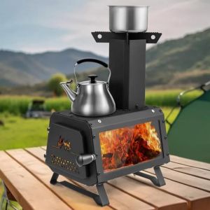 COSTWAY Mini Poêle à Bois Portable en Acier Carbone avec 2 Positions de Cuisson, Poignée Anti-brûlure pour Cuisine Camping Barbecue - Neuf
