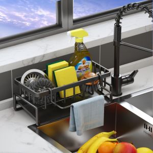 JEXNOVASHOP-Porte &Eacute;ponge &Eacute;vier Cuisine avec Cuvette de Auto-vidange, Organisateur Evier Cuisine avec Porte-Serviettes et Rangement, Noir - Neuf