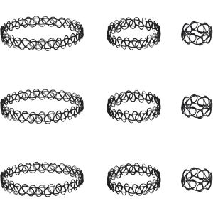 Kgabery-9pcs Collier Tatouage Bracelet Bague Ensemble,Plastique Collier Ras De Cou Tatouage Élastique Collier De Clavicule Accessoires De Bijoux Des Années 90 Et 95 Pour Femmes Filles (Noir) - Neuf
