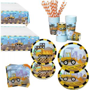 Checarzhn--No1-Fournitures De Fête D'anniversaire De Construction, Ensemble De Kits De Décorations De Fête De Camion - Nappe, Assiette, Gobelets, Pailles, Serviettes, Sert 20 Invités Pour La Fête - Neuf