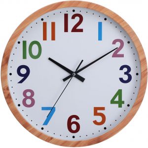 COPF-Horloge Murale Montre Design En Grain De Bois Imitation Avec Chiffres Colorés Arabes,Simple Et Facile À Lire,Convient Aux Horloges Murales Calmes Dans Le Salon,La Chambre À Coucher,Le Bureau - Neuf