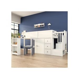 Lit mezzanine pour enfant avec bureau coulissant et rangements lat&eacute;raux, matelas non inclus, blanc, 90*200 - Neuf