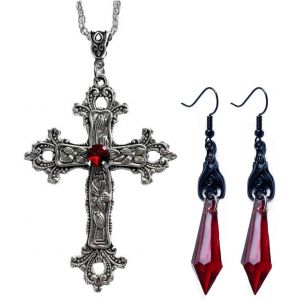 Trahoo-Ensemble De Colliers Et Boucles D'oreilles Avec Pendentif En Forme De Croix Gothique Et Cristal Rouge Et Noir Pour Femme - Neuf
