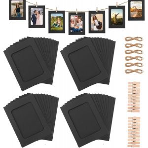 Lot De 60 Cadres Photo En Carton À Suspendre - 10 X 15 Cm - Guirlande Photo En Papier - Album Suspendu - Corde Et Clips - Noir - Pour La Maison, L'école Ou La Décoration De Fête - Neuf