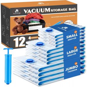 JEXNOVASHOP-Lot de 12 Sac sous Vide Vetement Aspirateur, CaptainFive Sac de Rangement sous Vide Aspirateur 4*XL, 4*L, 4*M, 1*Pompe, Housses de Rangement Sous Vide R&eacute;utilisables pour V&ecirc;tements, Couett - Neuf