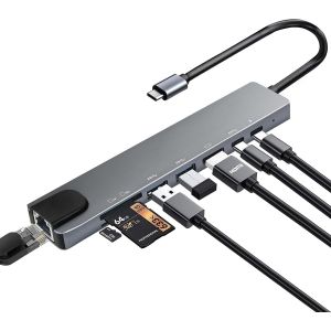 JGD-Hub USB C, 8-en-1 Adaptateur USB-C vers HDMI 4K, RJ45 Ethernet, PD 100W, USB 3.0, USB 2.0, Port de donn&eacute;es USB-C et Lecteur de Cartes SD/TF, Compatible avec MacBook Pro/Air, iPad Pro, Dell, Surfa - Neuf