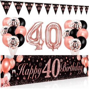 CAUC-D&eacute;coration 40 Ans Or Rose Noir, Ballons, Banderole Joyeux Anniversaire, Triangle Banni&egrave;re, Toile Affiche Fond Photo pour Femme - Neuf