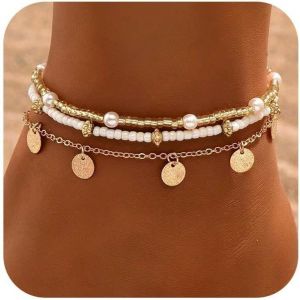 Lot De Bracelet De Cheville En Coquillage Pour Femmes, 14k Or Boho Perle Cheville Réglable, Plage Coquillage Perle Coeur Etoile De Mer Bijoux De Pieds Cadeaux - Neuf