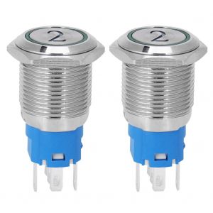 Lot de 2 interrupteurs a bouton-poussoir plats en metal a reinitialisation automatique, 5 broches, avec voyant et symbole numero 2, 16 mm, 220 V CA, vert - Neuf