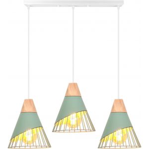 Kal-Suspension Luminaire Moderne Industrielle Bois Lustre Abat-Jour Métal Vintage Forme Cage Ø25cm Plafonnier E27 Design Pour Cuisine Chambre Salon (3 Lampes - Vert- Barre) - Neuf