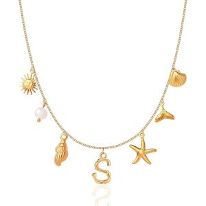 Kal-Colliers À Breloques Initiales Pour Femmes Et Filles, Colliers Plaqués Or 14 Carats Avec Lettres De A À Z, Coquillages, Bohème, Été, Coquillages, Alphabet - Neuf
