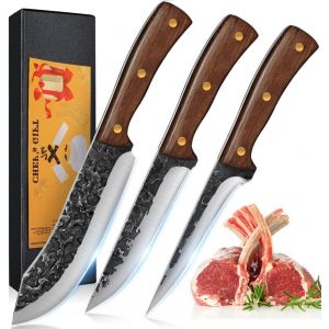 Checarzhn--No1-Set De Couteaux 3 Pièces, Couteau Cuisine 17 Cm, Couteau Boucher 18 Cm, Couteau À Désosser Filet 14 Cm,Couteau De Chef Professionnel Avec Manche En Bois Pour Barbecue Camping Cadeau - Neuf